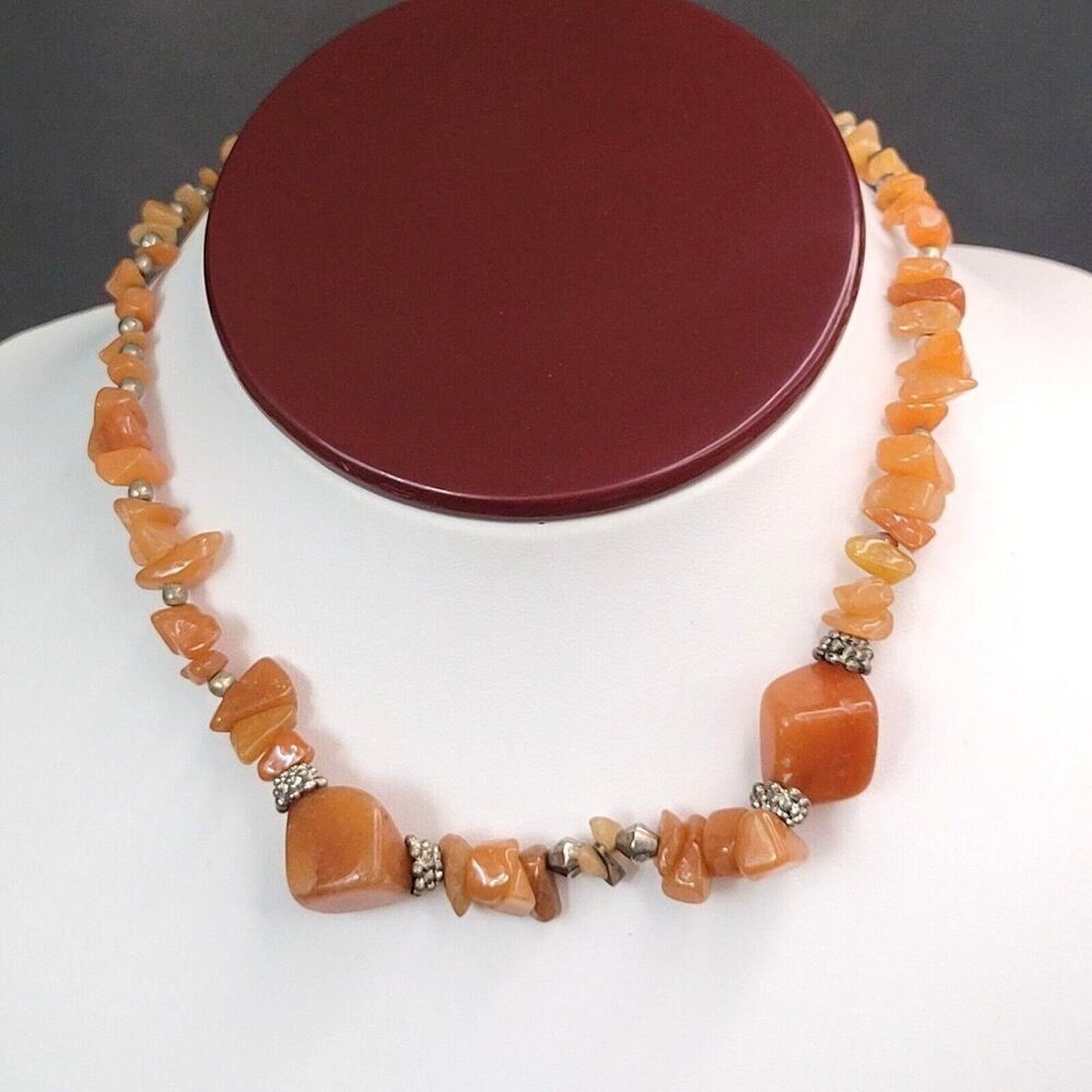Womens Orange Carnelian Agate Stones Chips Necklace Silver Tone Accents 14"